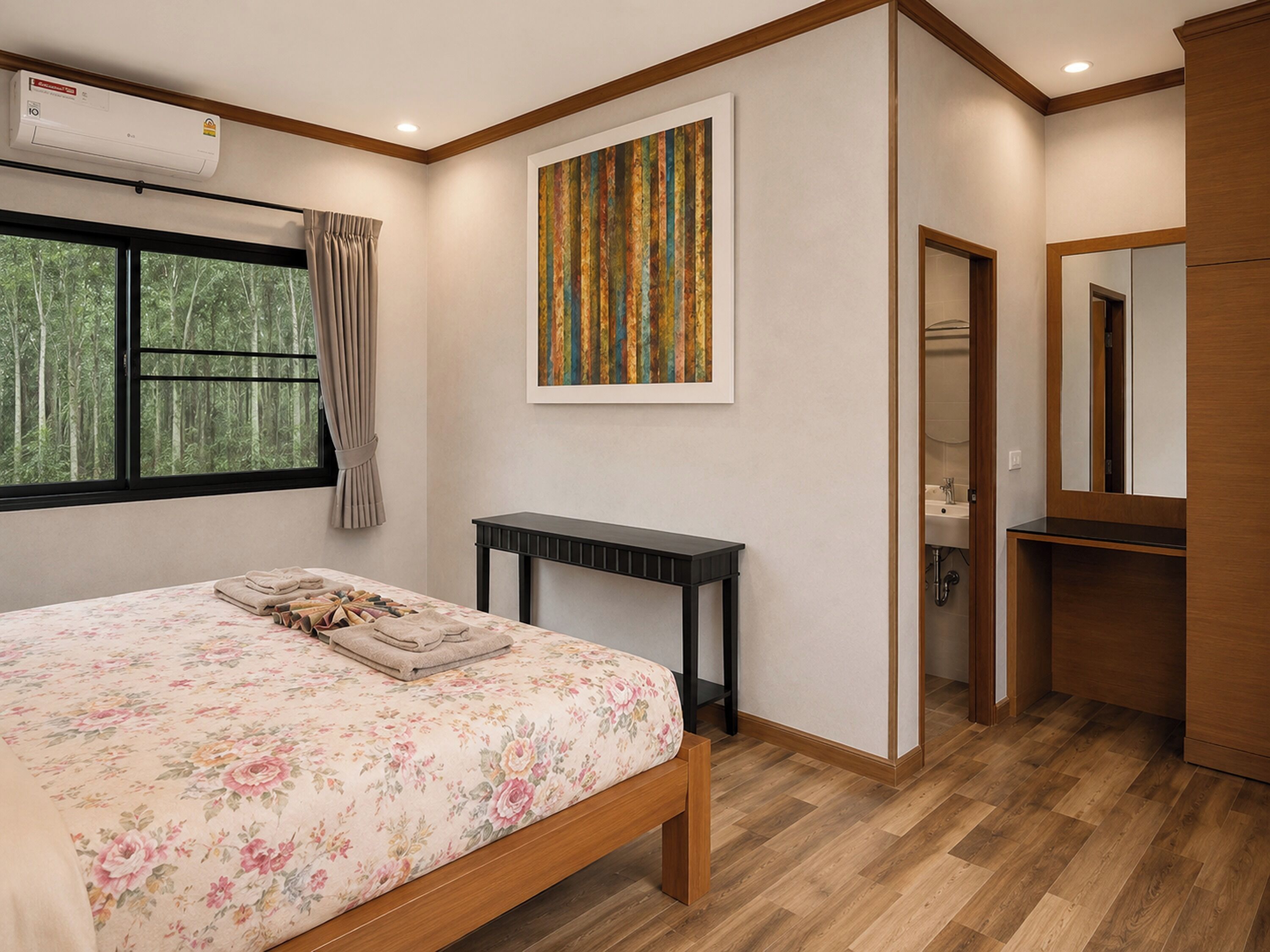 A bedroom with a bed, a bedside table, a window with curtains, a painting on the wall, and a mirror in the corner.