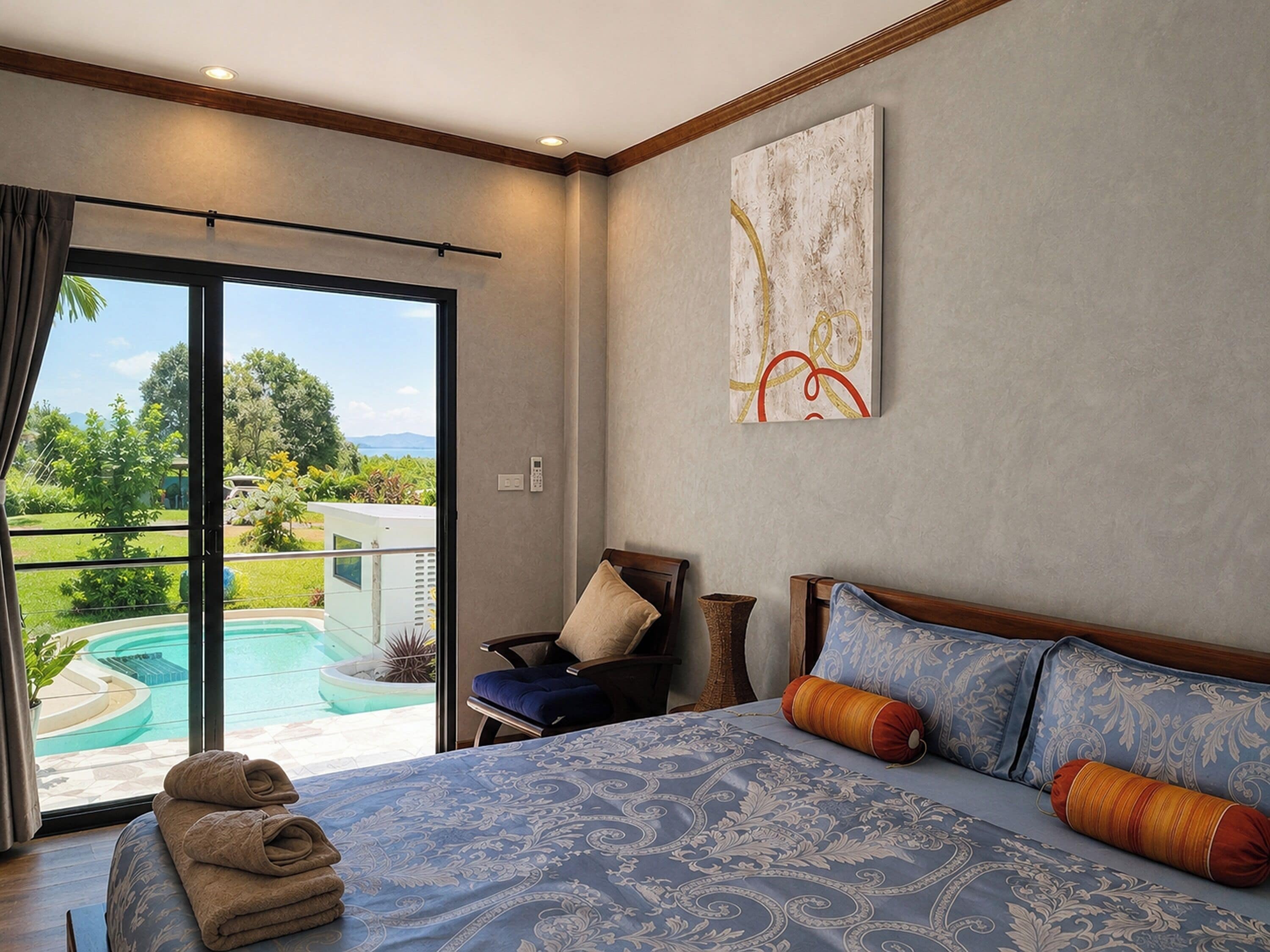 Quarto casal luxo, vista para a baía | Escrivaninha, ferros/tábuas de passar roupa, Wi-Fi de cortesia