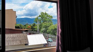 Vista desde una ventana de un edificio con techo de metal corrugado, un árbol y montañas al fondo.