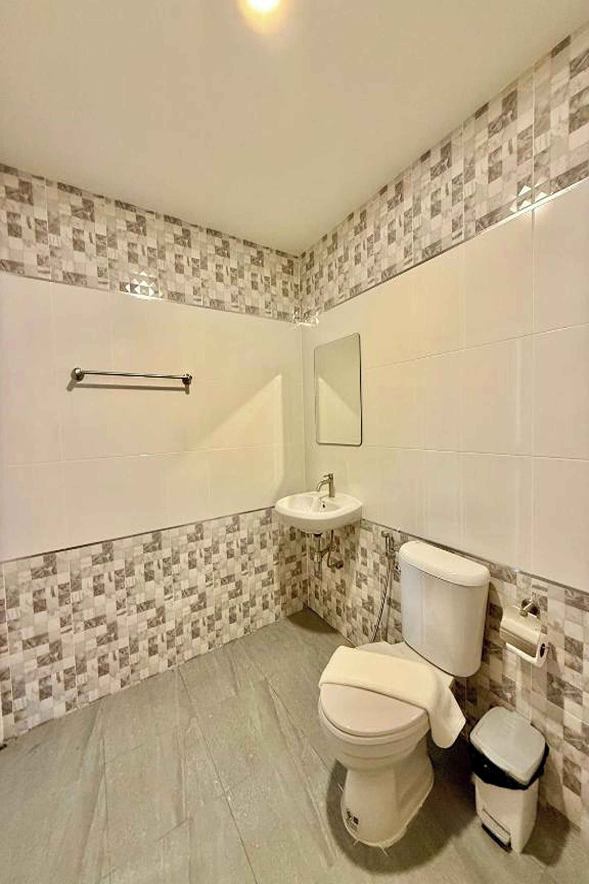 Ein Badezimmer mit Toilette, Waschbecken und Handläufe.