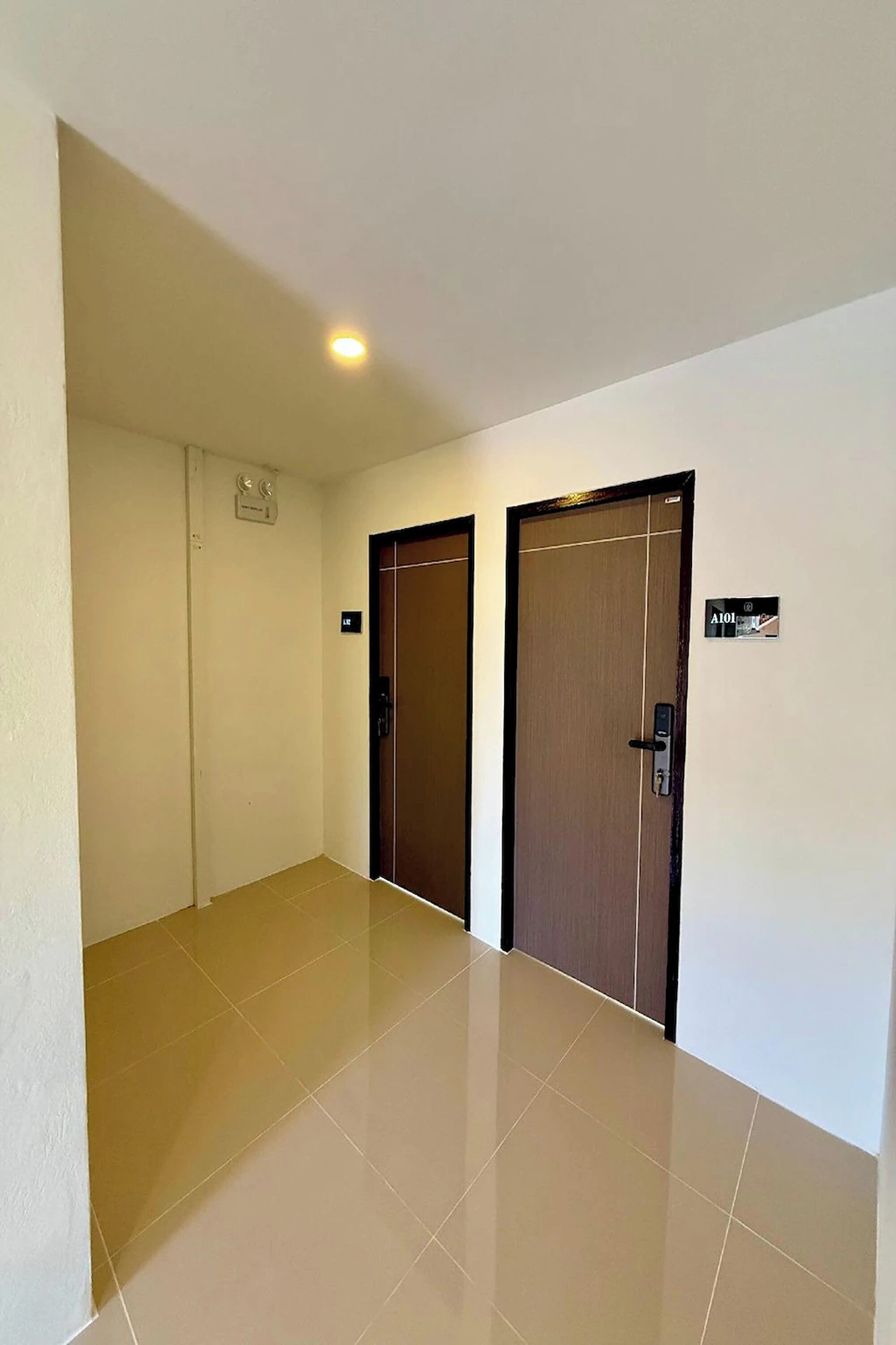 A hallway with two doors, a light fixture, and a sign indicating room number A101.