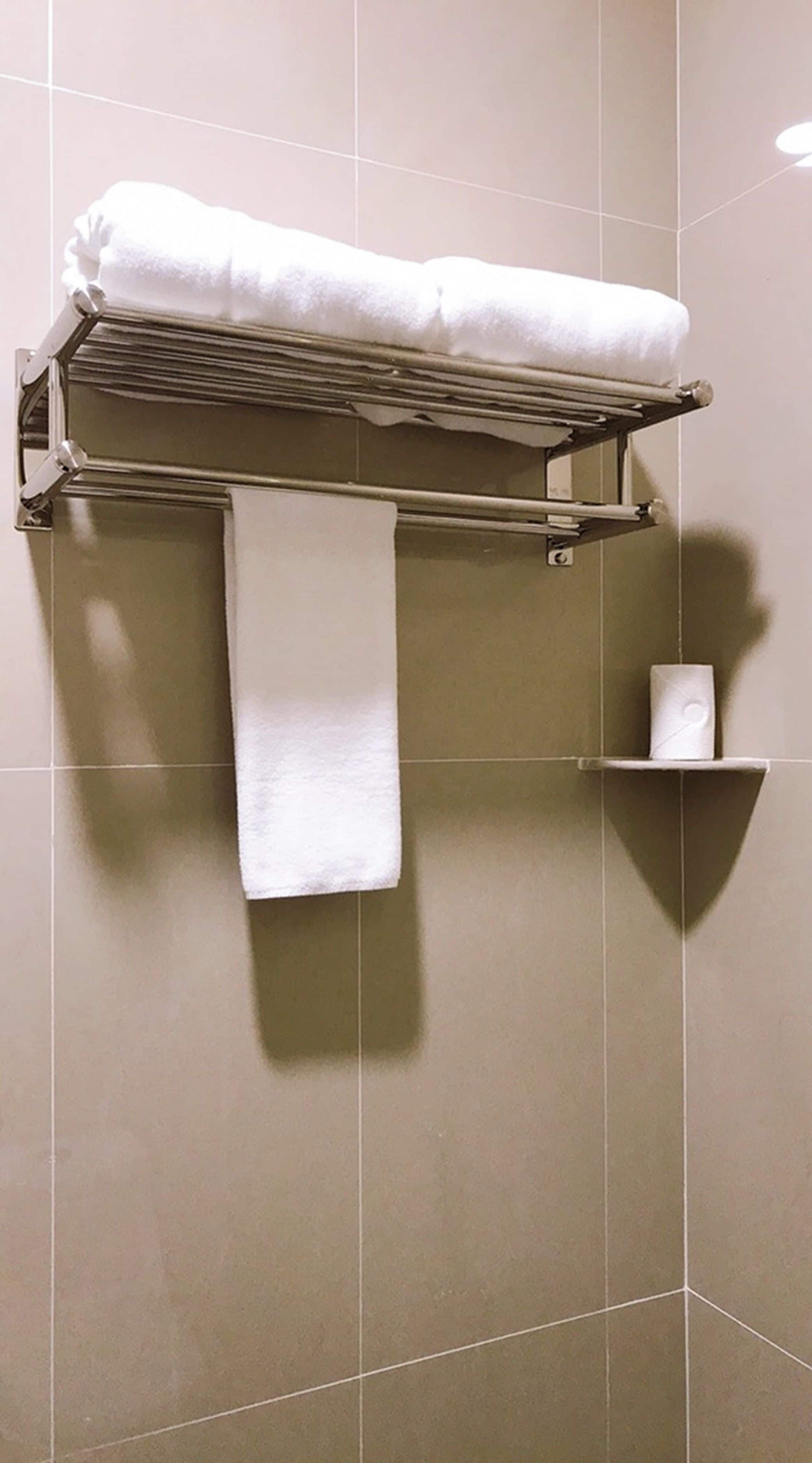 A bathroom with a towel rack holding a folded towel and a roll of toilet paper.