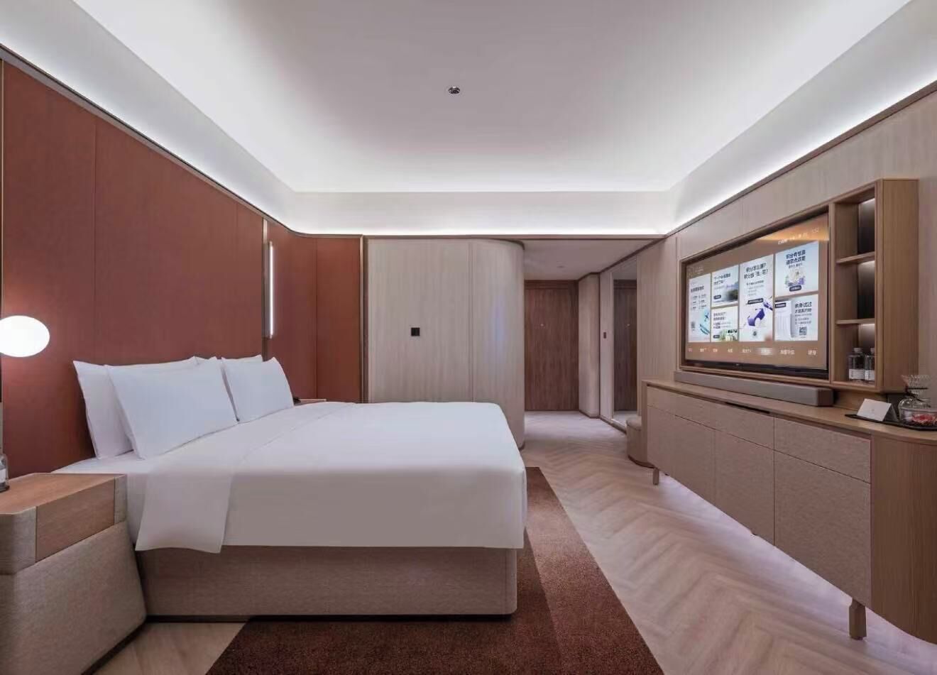 A modern hotel room with a large bed, a bedside table, a TV, and a built-in wardrobe.