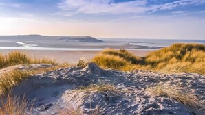 Paisaje de playa con dunas y una vista lejana del mar.