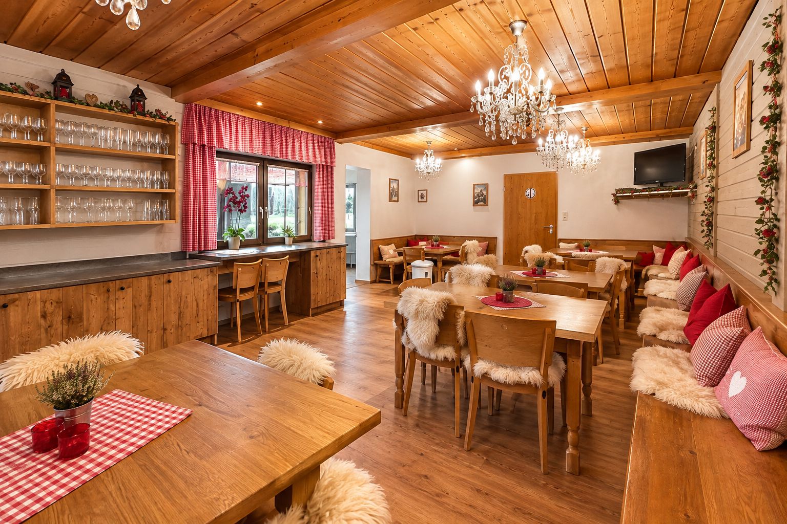 A cozy restaurant with wooden interiors, a bar area with shelves of glasses, and a dining area with plush seating.