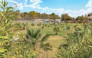 Un terrain de golf avec un ciel dégagé, des palmiers et des bâtiments en arrière-plan.