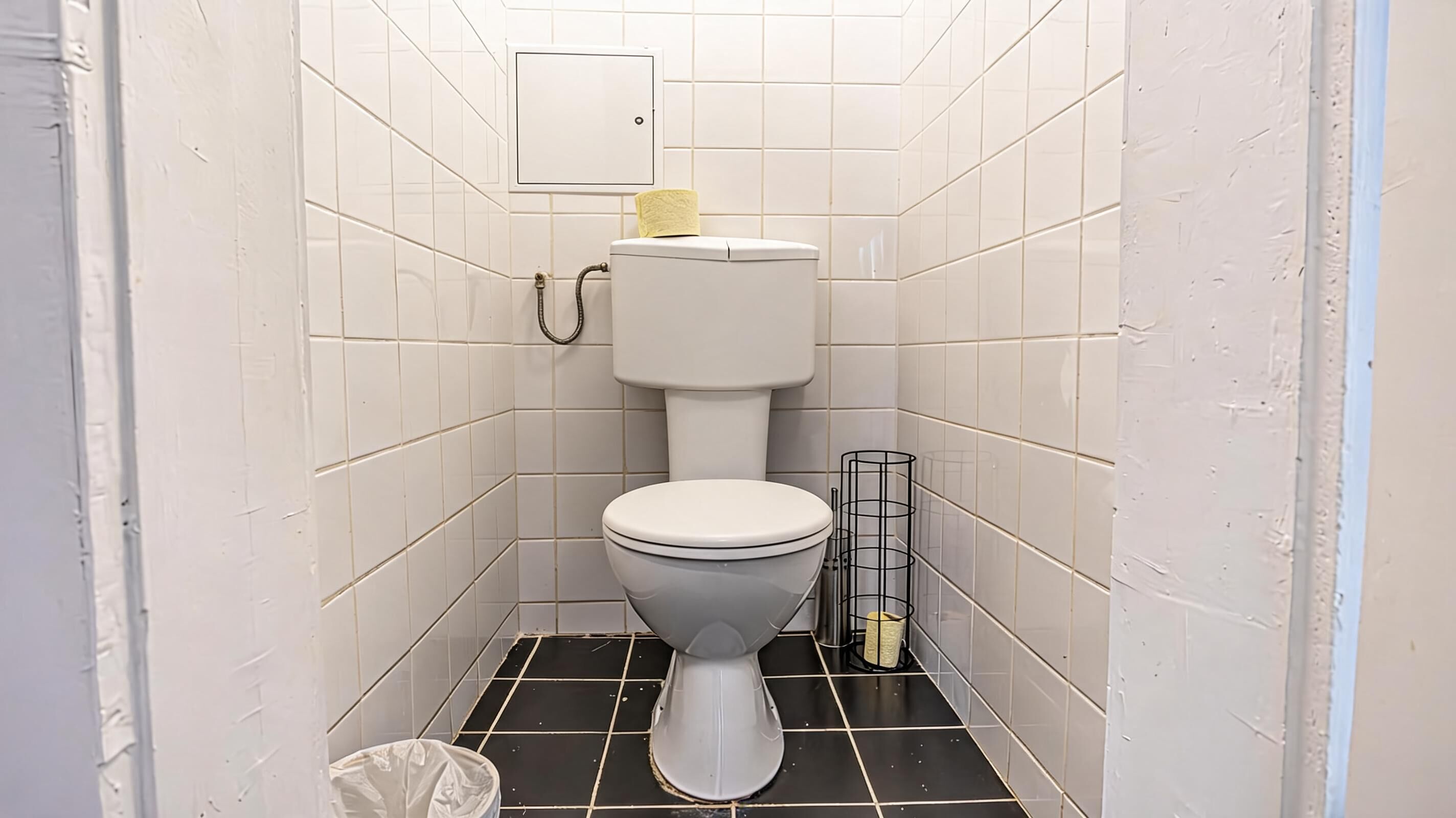 A small, tiled bathroom with a toilet, a trash bin, and a metal rack.