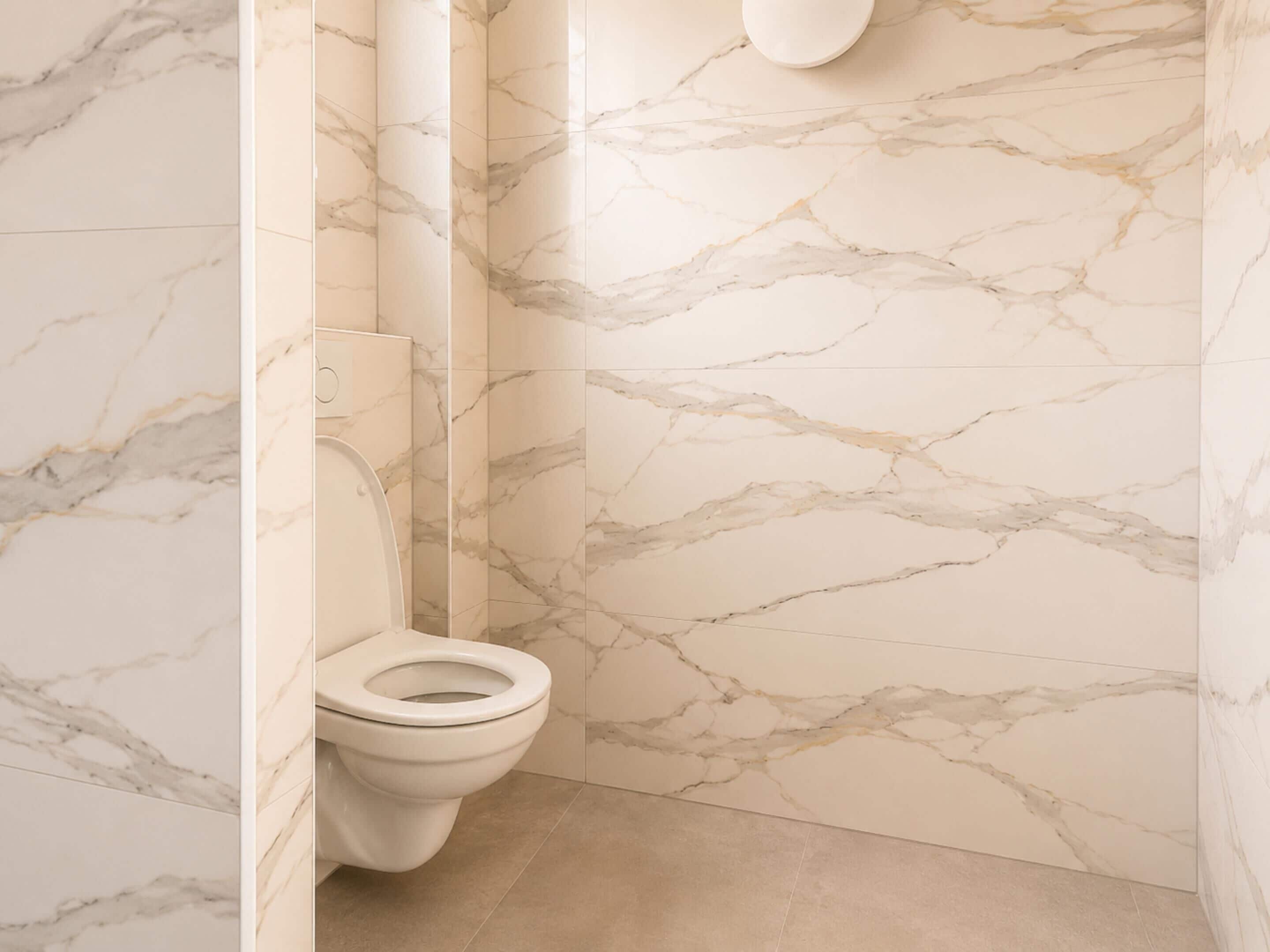 Een badkamer met toilet, toiletrolhouder en een wand met marmerlook.