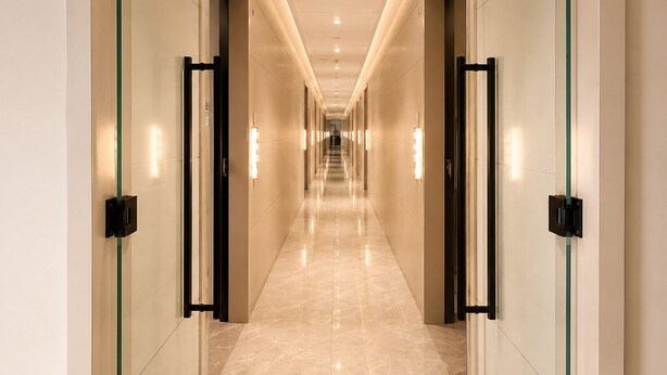 Un pasillo moderno con puertas de vidrio, piso de mármol e iluminación empotrada.