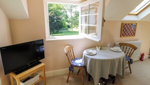 Ein Zimmer mit Fernseher auf einem Holzständer, einem Esstisch mit Stühlen, einem Fenster mit geöffnetem Rollo und einem Heizkörper.
