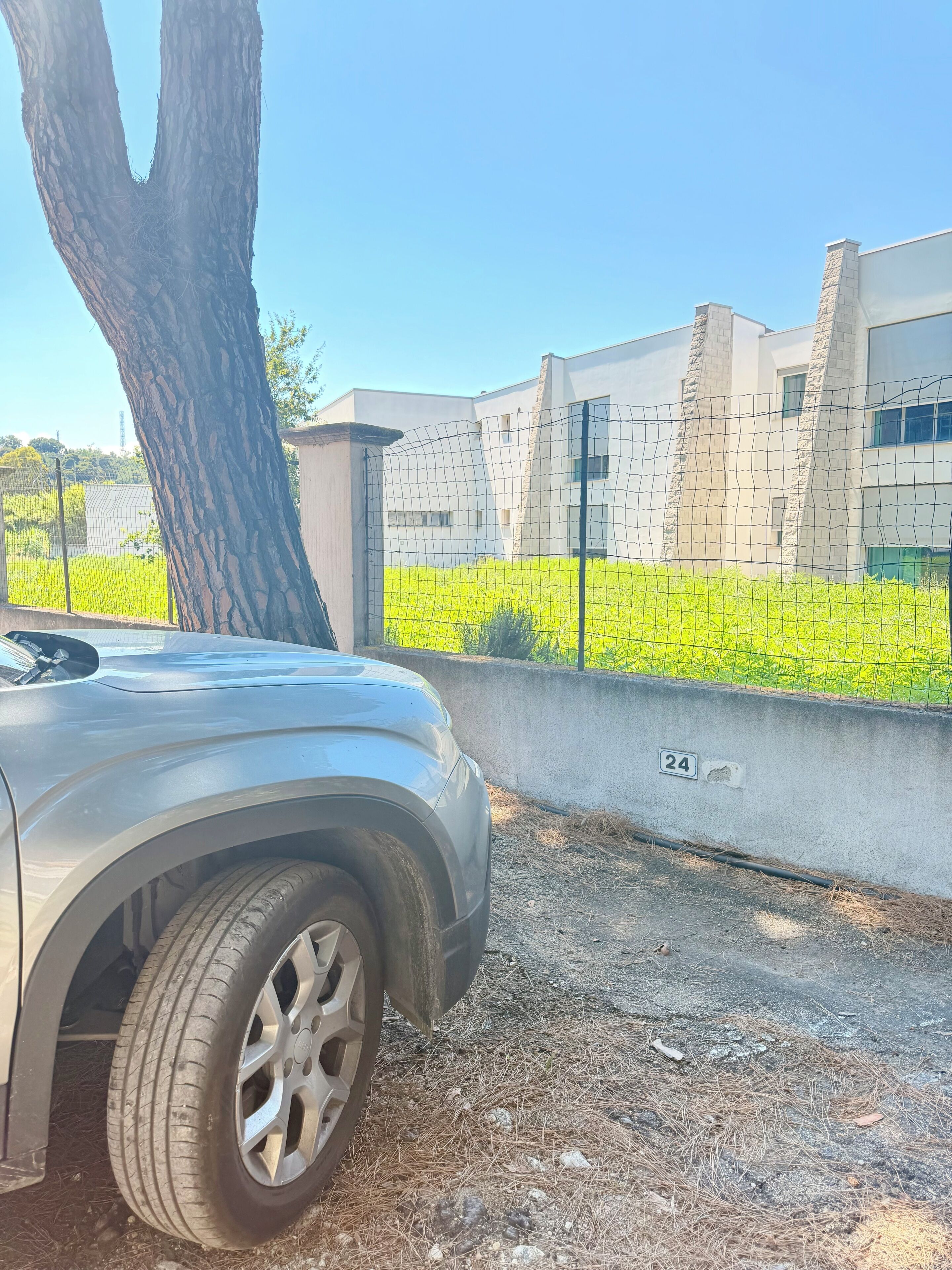 Ein Auto ist in der Nähe eines Gebäudes geparkt, an dem ein Schild mit der Nummer 24 angebracht ist. Ein Baum und eine Pflanzung mit Grünpflanzen befinden sich ebenfalls dort, sowie ein Zaun.
