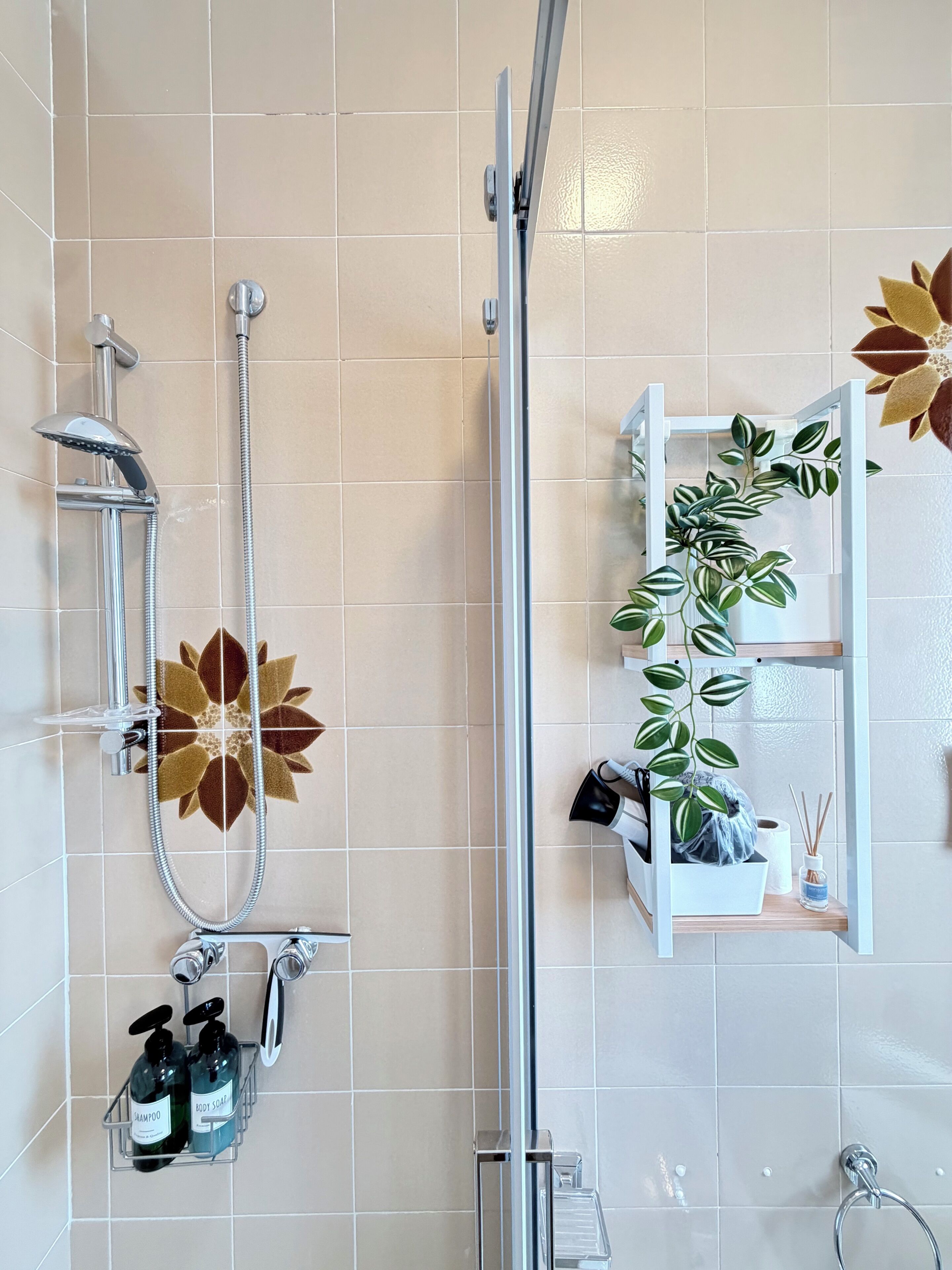 Une salle de bain équipée d’une douche, d’un porte-serviettes, d’une étagère pour les articles de toilette et d’une plante décorative.