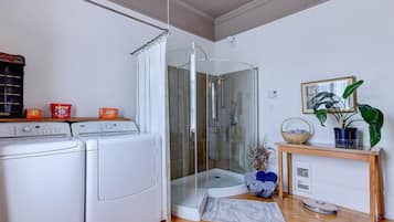 A laundry area with two washing machines, a glass shower enclosure, a wooden console table with a plant, and a framed picture on the wall.