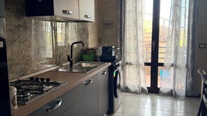 Een moderne keuken met een gasfornuis, spoelbak en wasmachine, een gekleurd vloerkleed en een uitzicht door een deur met gordijnen.