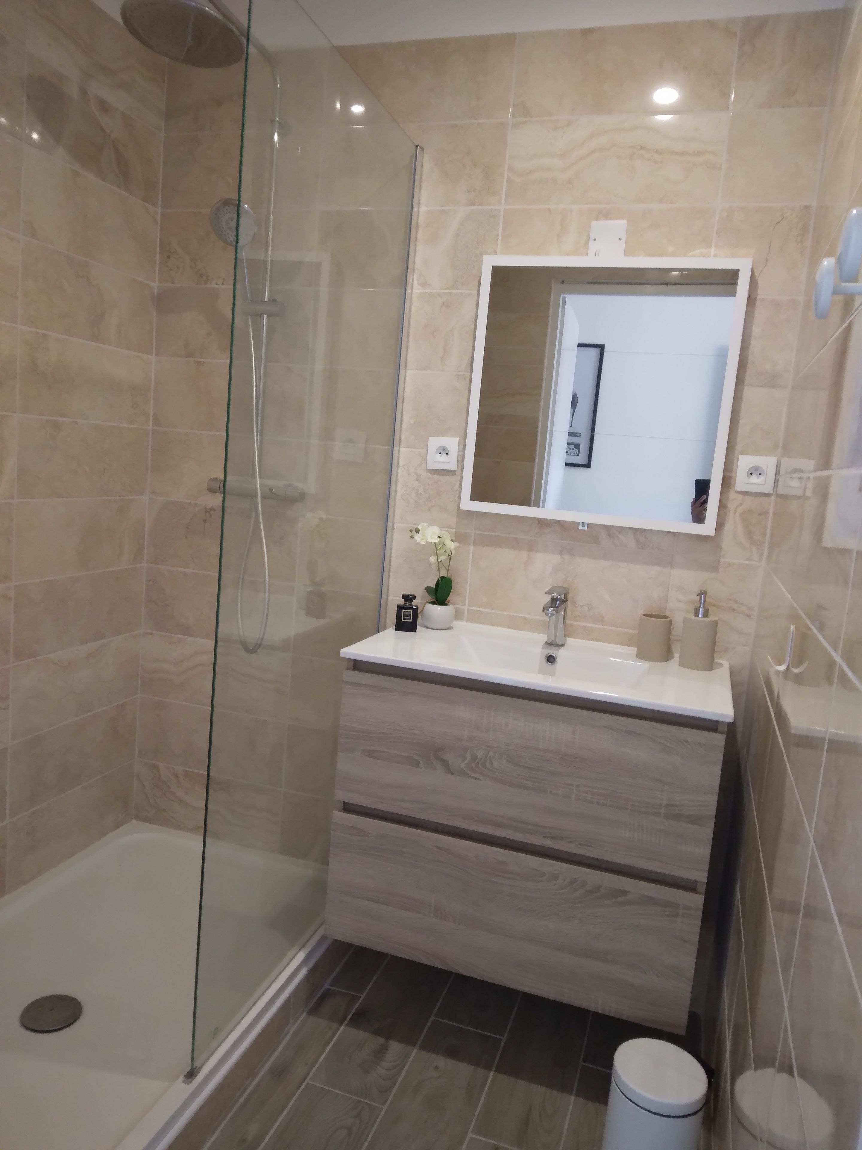 A modern bathroom with a glass-enclosed shower, a sink with a mirror, and a toilet.
