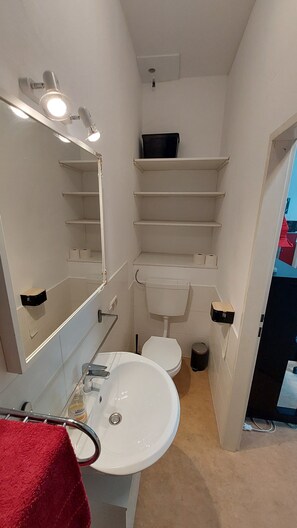 Ein kleines, schmales Badezimmer mit einem weißen Waschbecken, einem Spiegel, einer Toilette und einem Regal darüber.