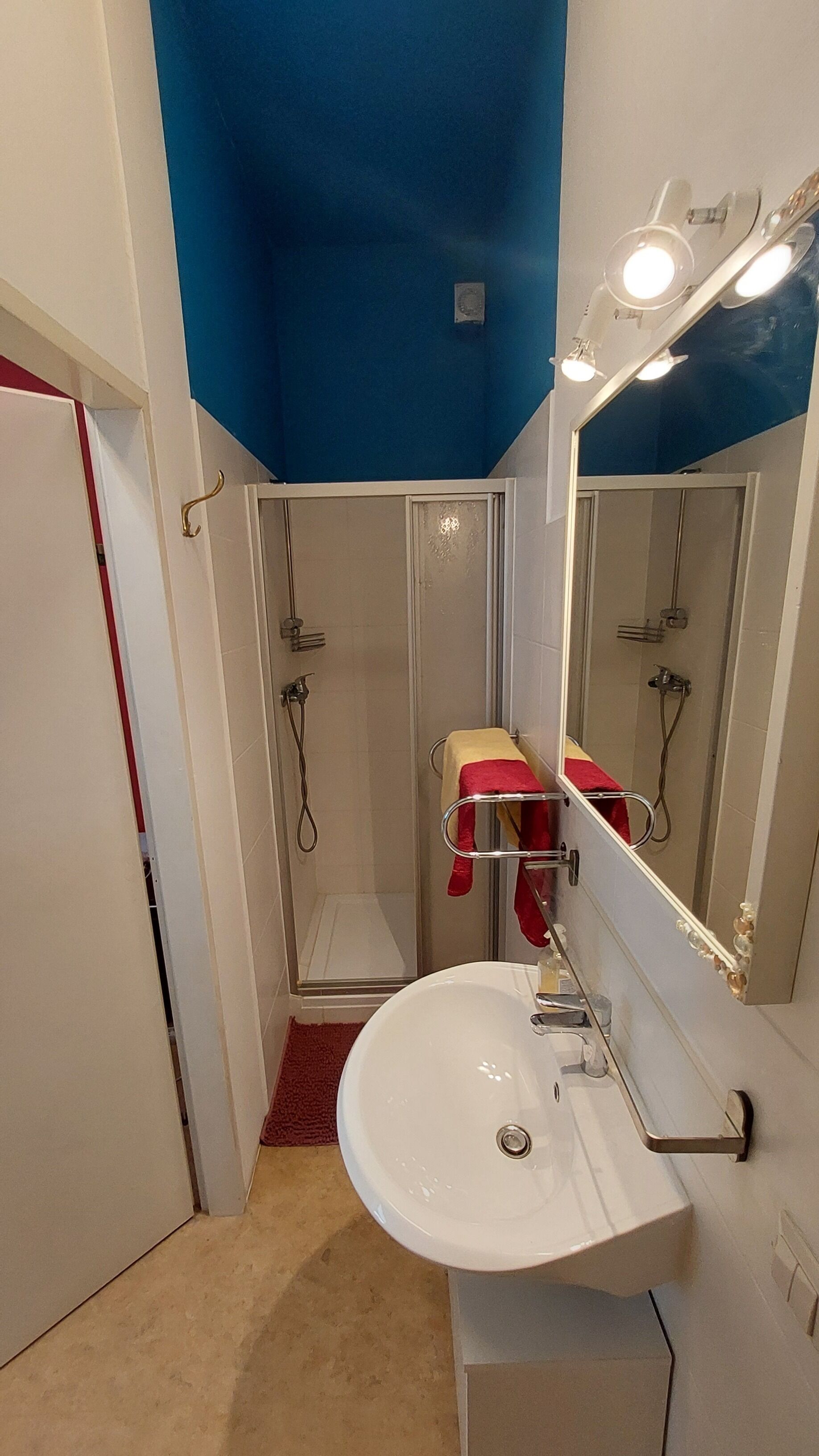 A bathroom with a white sink, a mirror, and a shower.