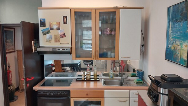 A compact kitchen with a dishwasher, stove, and a microwave. - 1-room apartment with a balcony (Graz)
