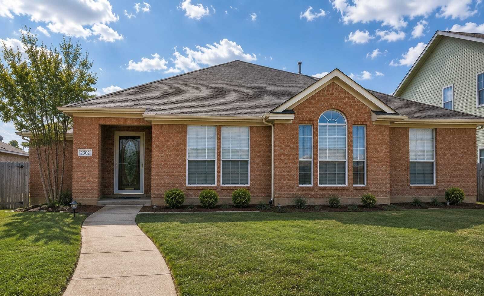 A two-story brick house with a front entrance, a covered porch, and a well-maintained lawn.