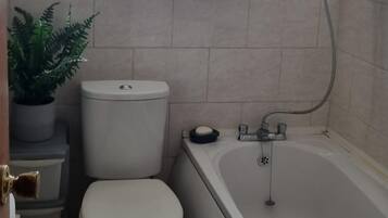 Combined shower/bathtub, deep-soaking bathtub, hair dryer, towels