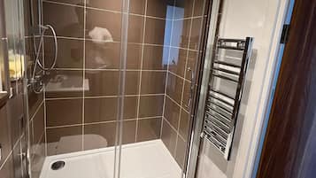 A modern bathroom with a glass-enclosed shower, a white toilet, and a towel rack.