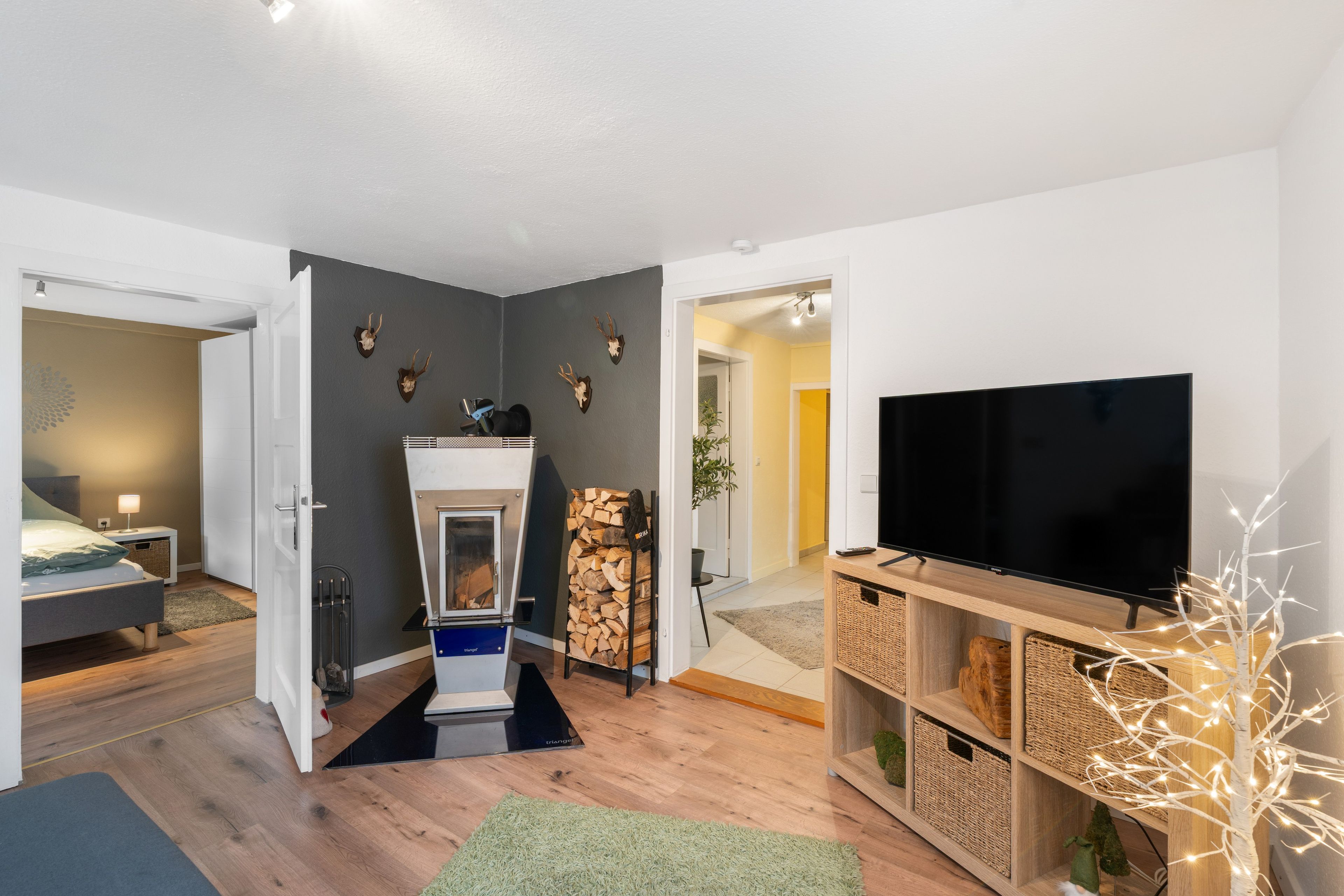 Ein modernes Wohnzimmer mit Flachbildfernseher, Kamin und Holzstapel.