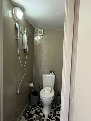 Ein kleines Badezimmer mit Toilette, Dusche und Toilettenpapierhalter.