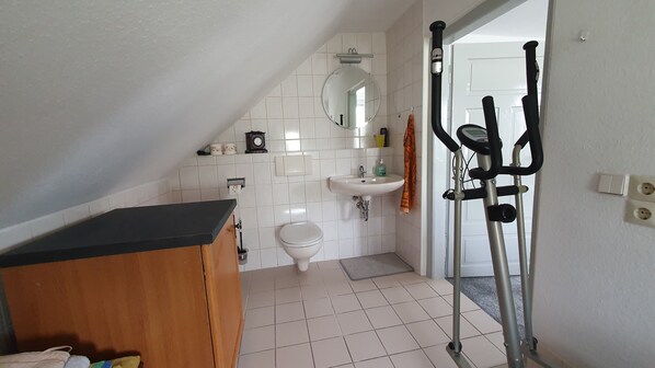 Hair dryer, towels, soap, toilet paper