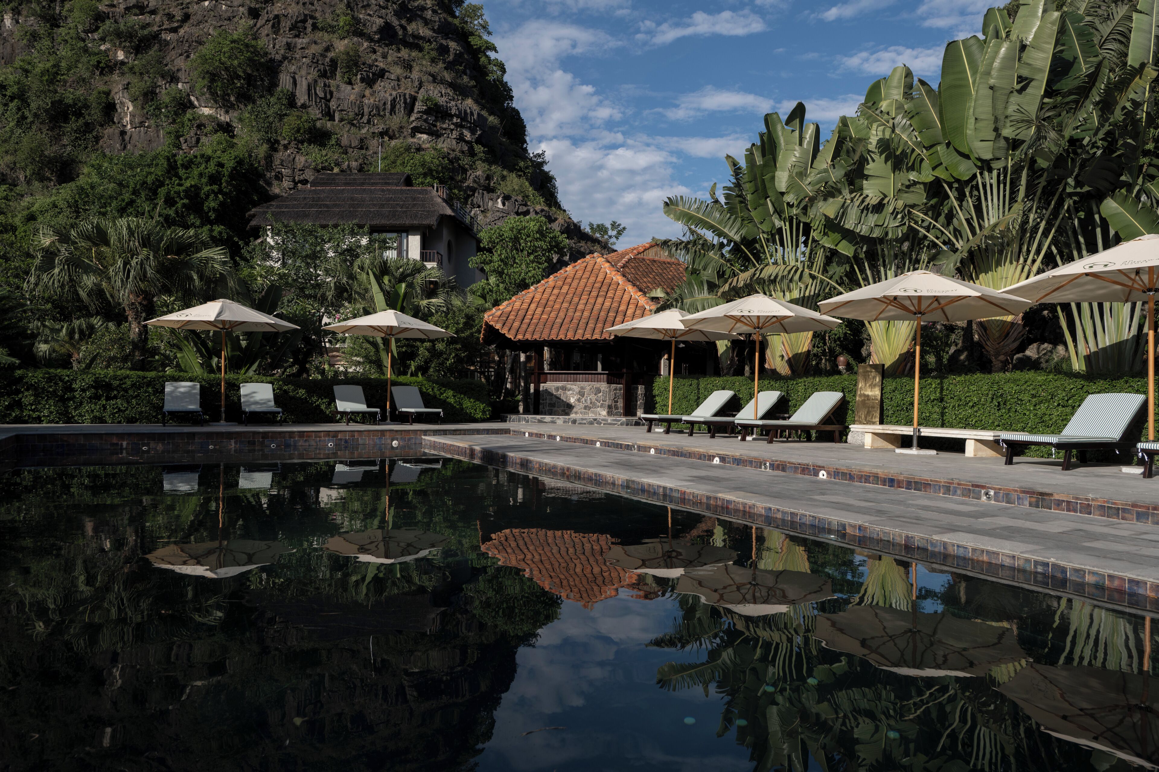 A pool with lounge chairs and umbrellas, surrounded by lush greenery and a mountain backdrop.