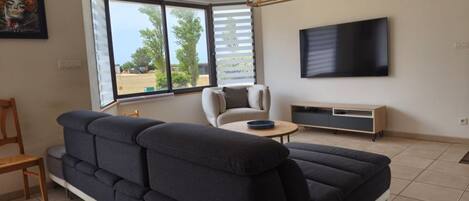A modern living room with a sectional sofa, a chair, a TV, and a window with blinds.