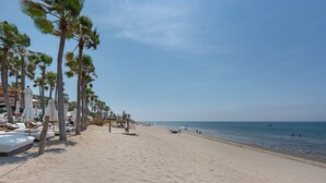 Een strand met palmbomen, ligstoelen en een heldere lucht.