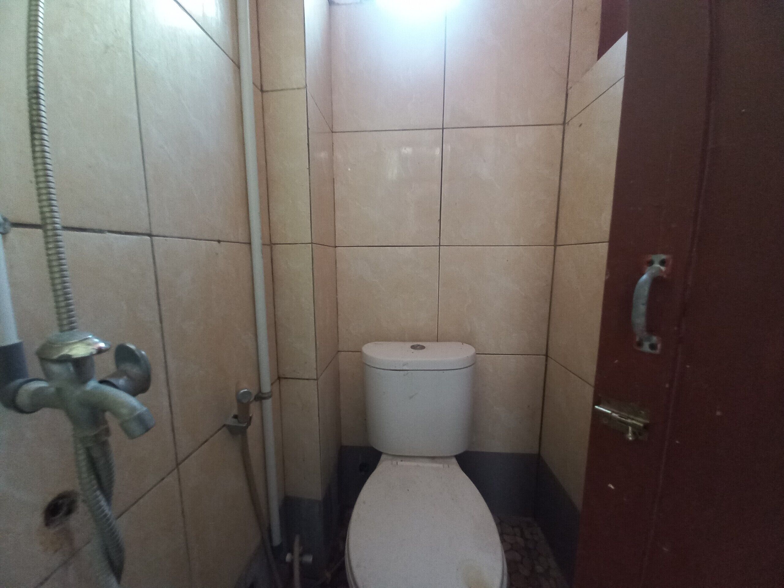 A small, tiled bathroom with a toilet, a shower, and a door with a handle.