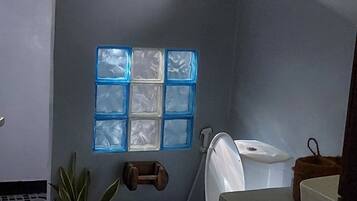 Shower, towels, soap, toilet paper