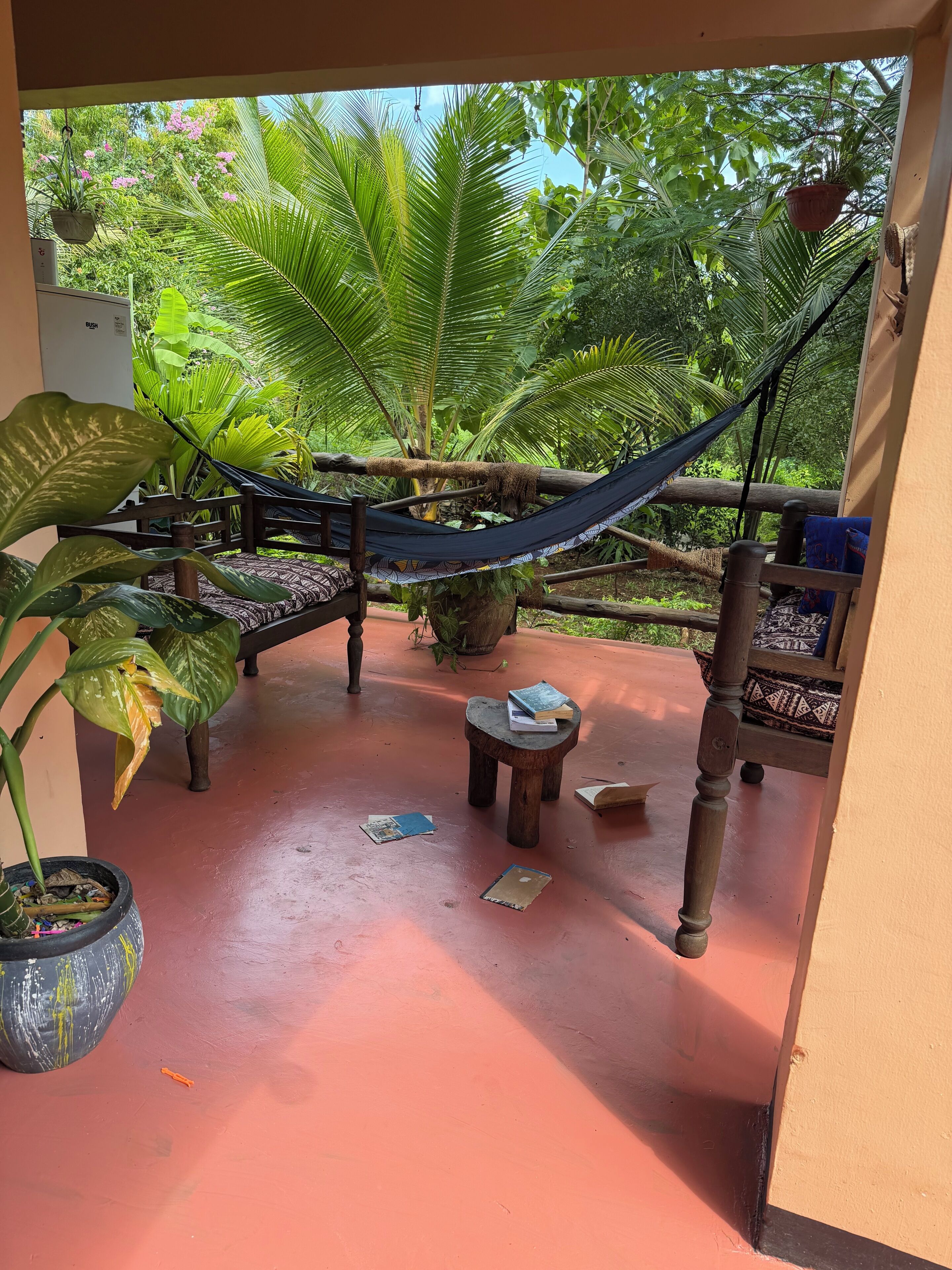 Un hamac, des meubles en bois et des plantes en pot dans un espace extérieur abrité.