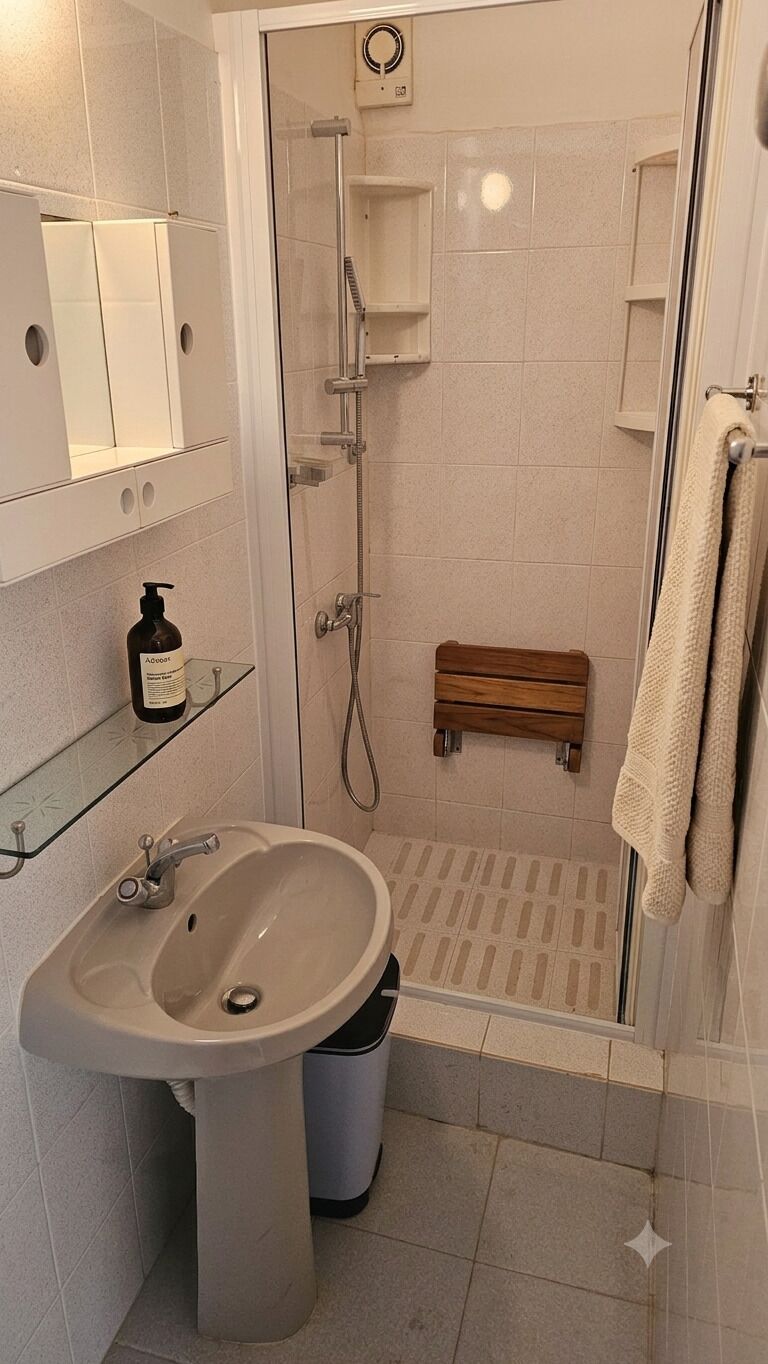 Een badkamer met een wastafel, spiegel, douche en handdoekrek.