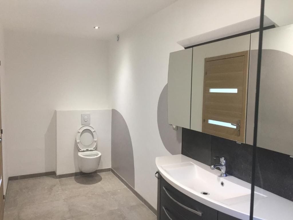 A modern bathroom with a toilet, sink, and mirror.