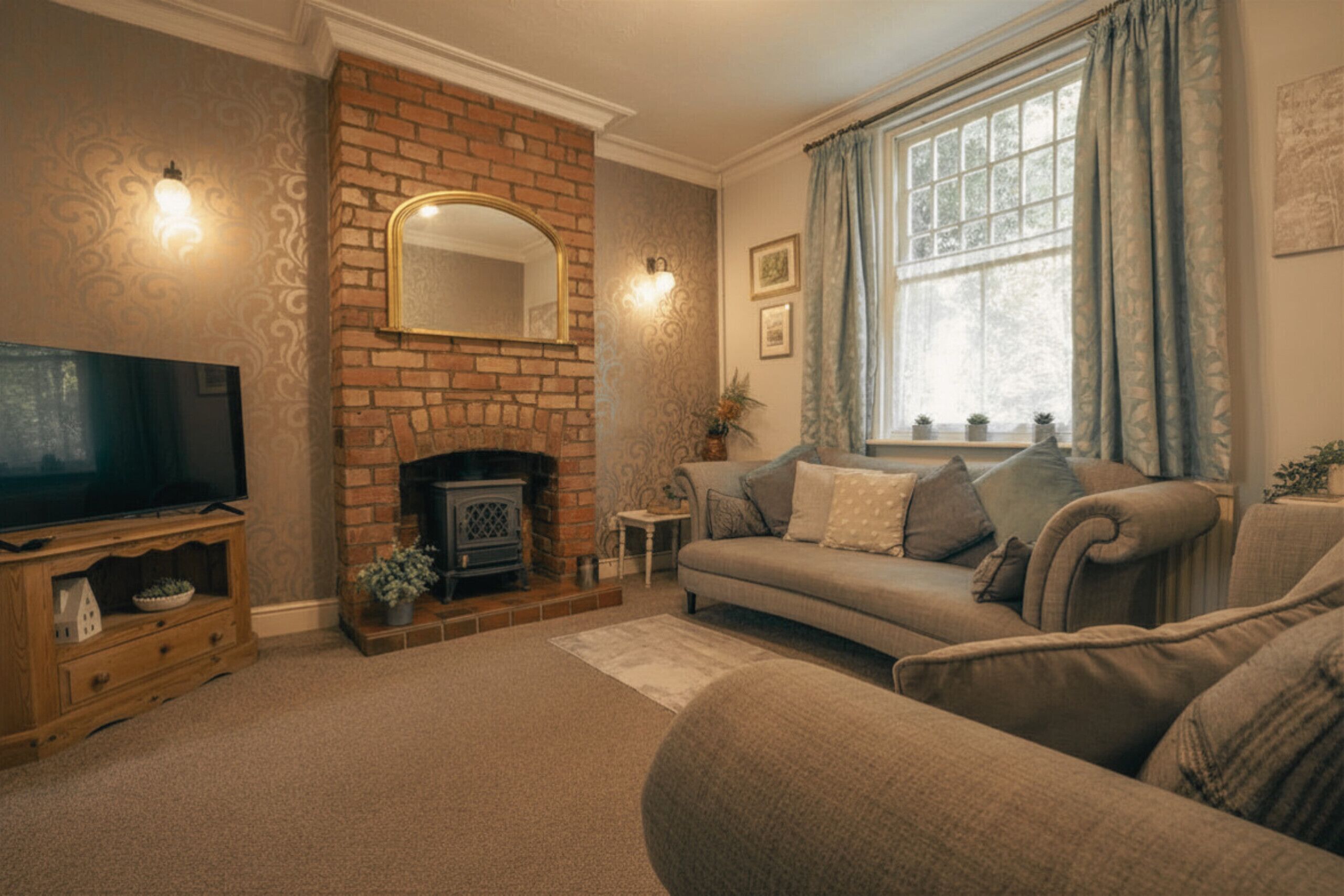 A living room with a brick fireplace, a television on a wooden stand, a sofa, and a window with curtains.