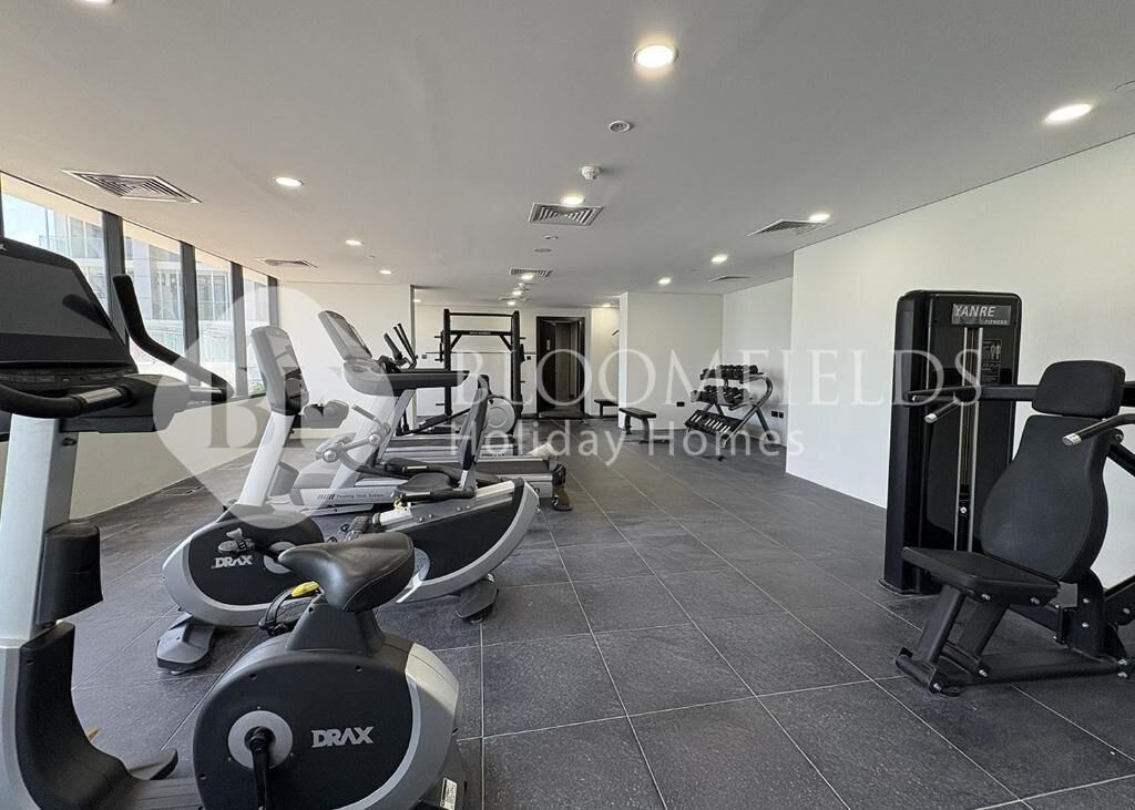 A gym with treadmills, elliptical machines, and weightlifting equipment.
