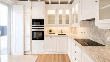 Frigorífico, microondas, horno y placa de cocina