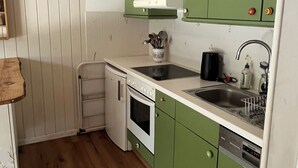 Une cuisine compacte avec des meubles verts, un plan de travail blanc, un four encastré, un lave-vaisselle et un évier.