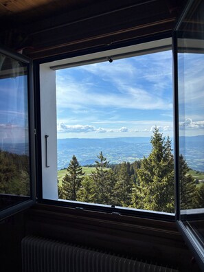A room with a large window offering a view of a forested landscape and distant mountains. - Les Rochers Blancs (Viuz-la-Chiesaz)