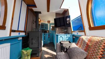 Smart TV, fireplace, DVD player, books