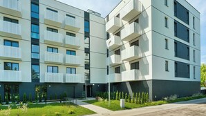 Un edifici modern d'àmbit urbà amb balcons, un passeig pavimentat i una zona enjardinada amb petits arbres i arbustos.