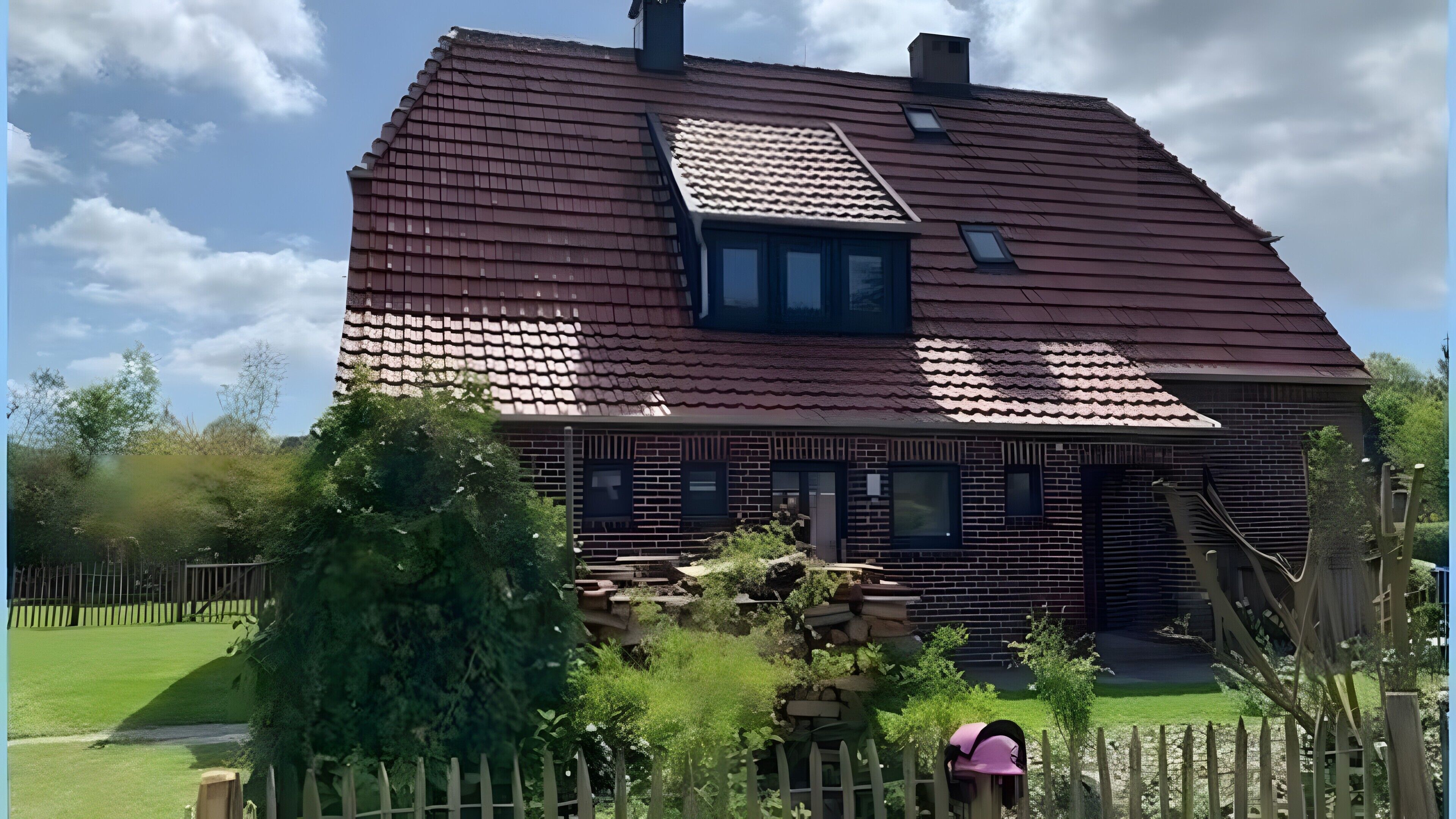 A large, two-story building with a red-tiled roof, multiple windows, and a brick facade.