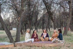Un groupe de personnes est assis sur une plateforme en bois, dans un cadre naturel, au milieu des arbres.