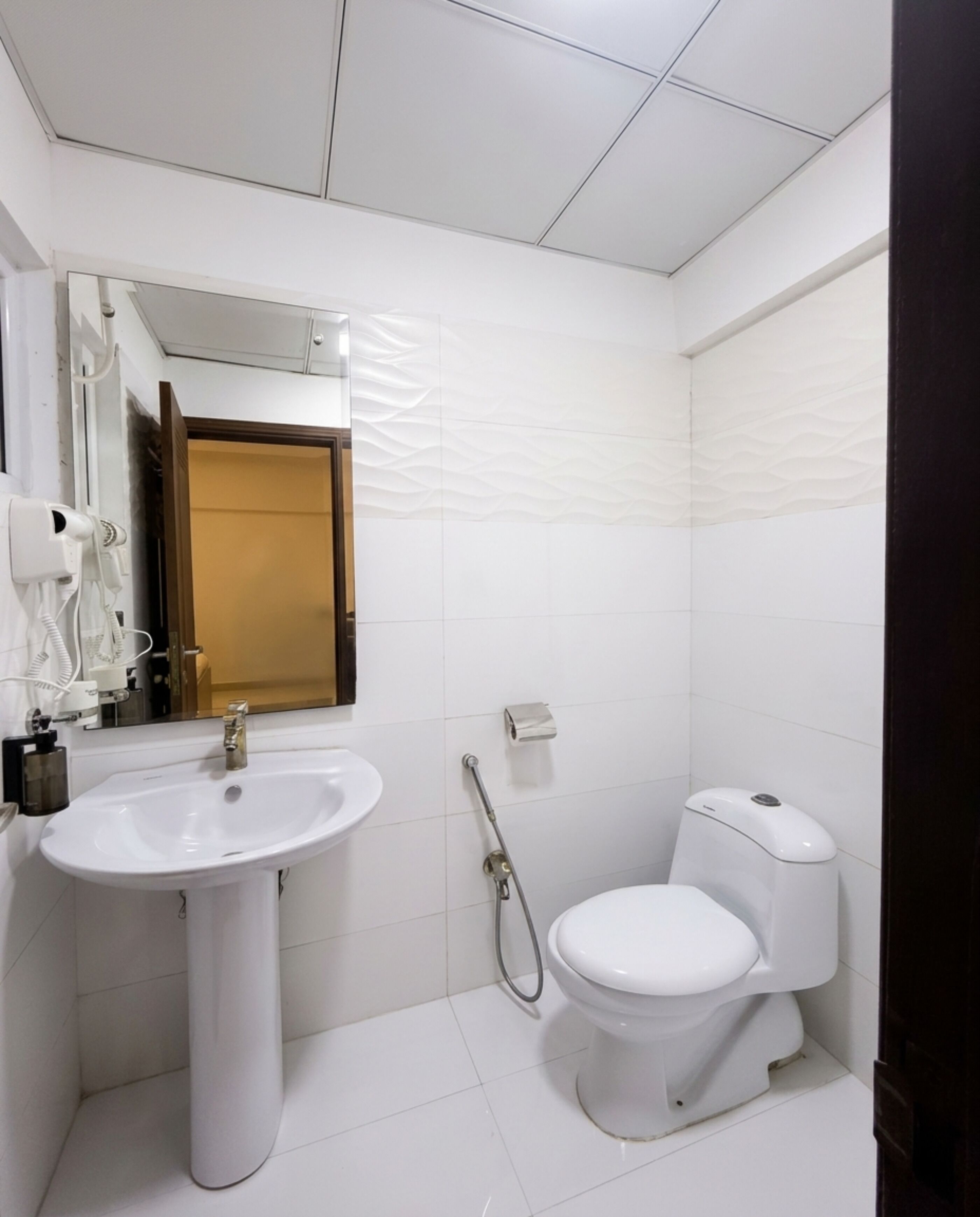 Shower, hair dryer, bidet, towels