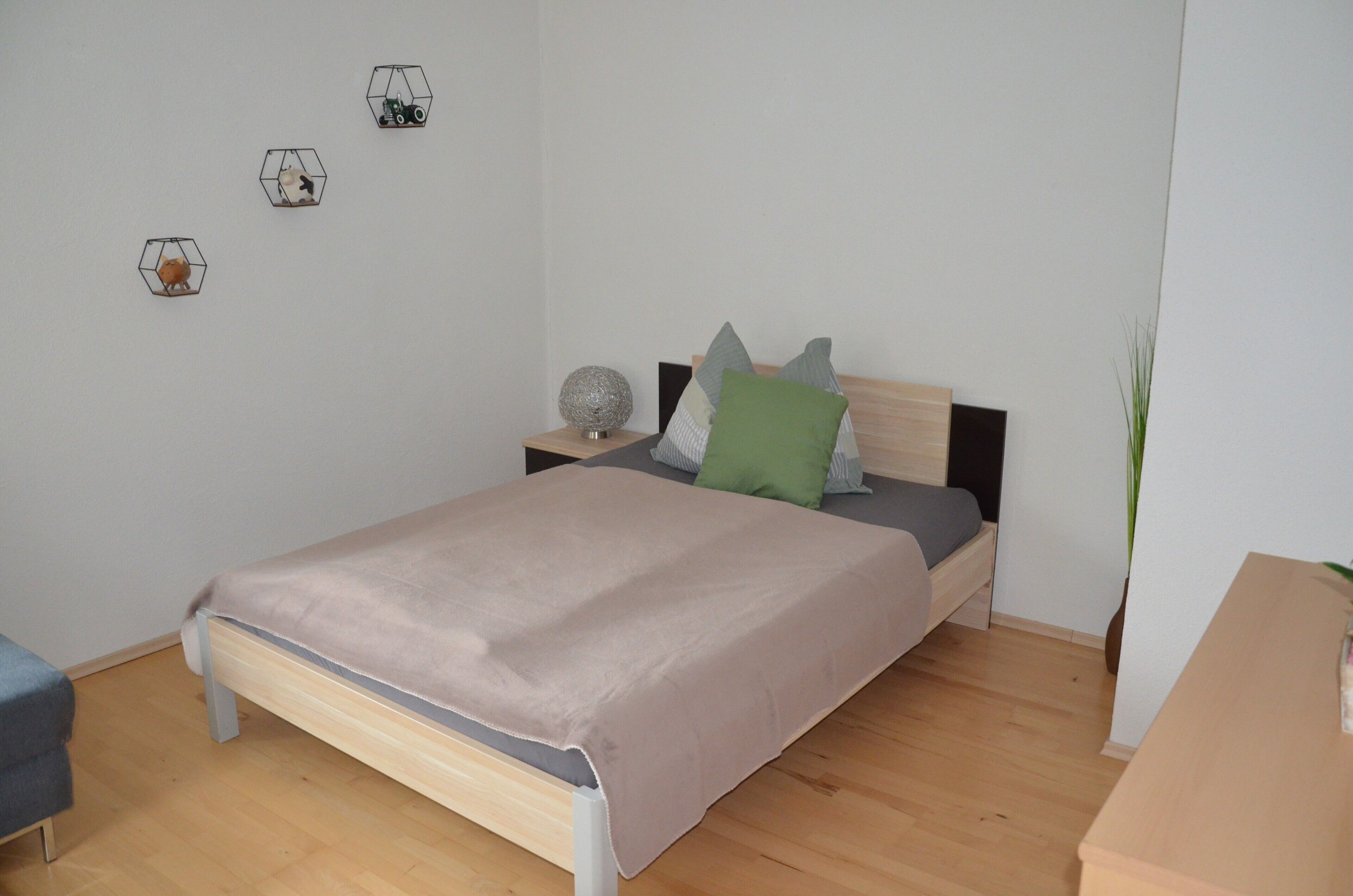 Una camera da letto con un letto, comodini, abat-jour e una pianta in vaso.