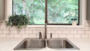 A kitchen with a double stainless steel sink, a window with a view of trees, and a potted plant on the windowsill. - Fernan Retreat 3BR Minutes to Downtown the Lake (Coeur d'Alene)
