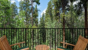 A deck with two wooden chairs and a small table, surrounded by a black railing, overlooking a forest. - Beaver Village Unit #0613 Renovated 1 bed 1st floor private patio washer dryer (Winter Park)