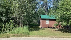 A small, single-story cabin with a green roof, surrounded by dense trees and a gravel road.